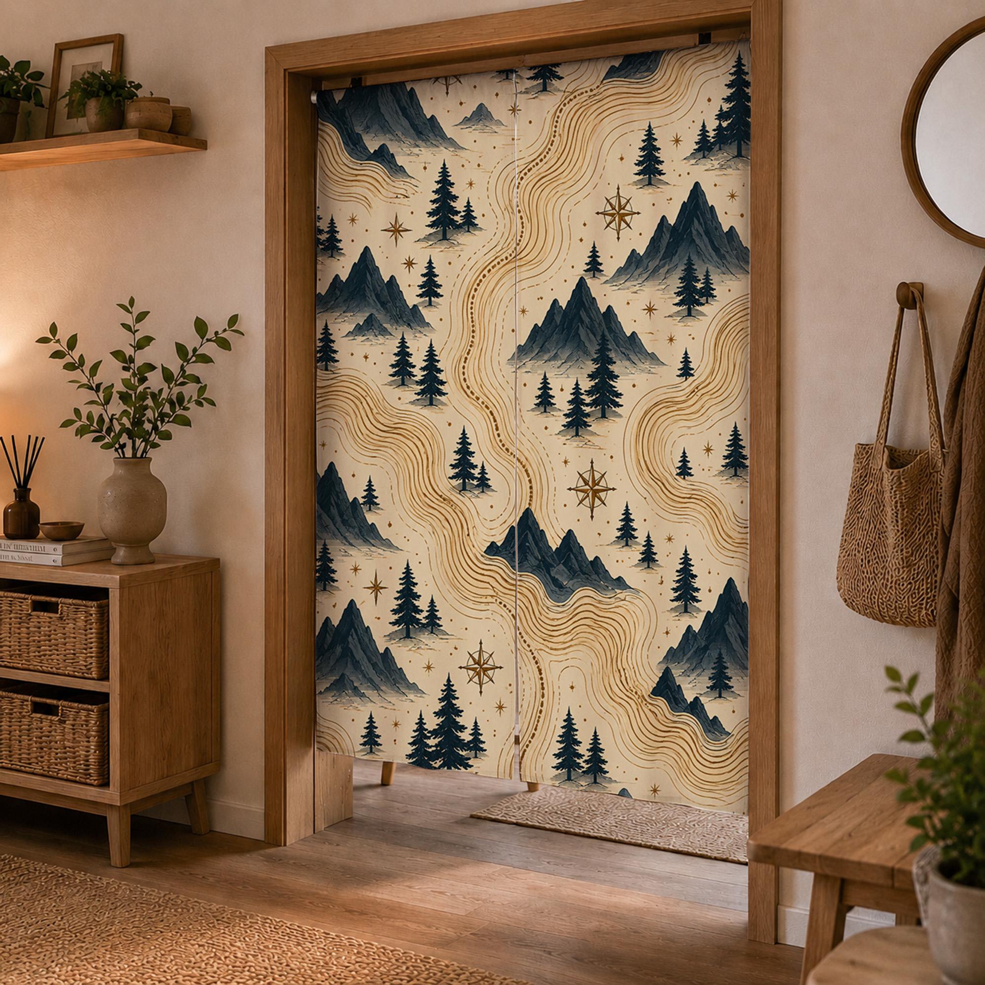 mountain forest map door curtain – vintage topographic noren style
